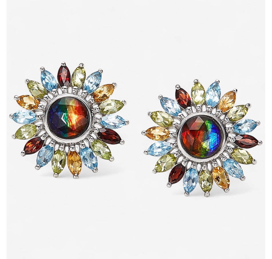 Canadian Ammolite Gems Sterling Silver/Rhodium Plate Ammolite Multi Gemstone Flower Earrings