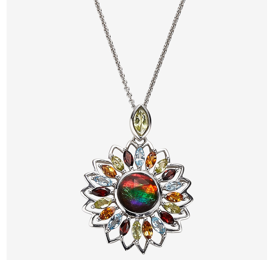 Canadian Ammolite Gems Sterling Silver/Rhodium Plate Ammolite Multi Gemstone Flower Pendant With Chain