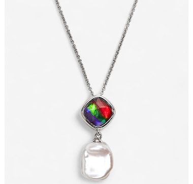 Product 242-327 / Price $399.99 , Canadian Ammolite Gems Sterling Silver Cushion Ammolite and Pearl Pendant With Chain