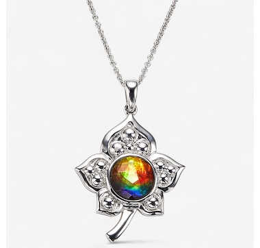 Product 242-329 / Price $379.99 , Canadian Ammolite Gems Sterling Silver Rhodium Plate Round Ammolite Leaf Pendant 