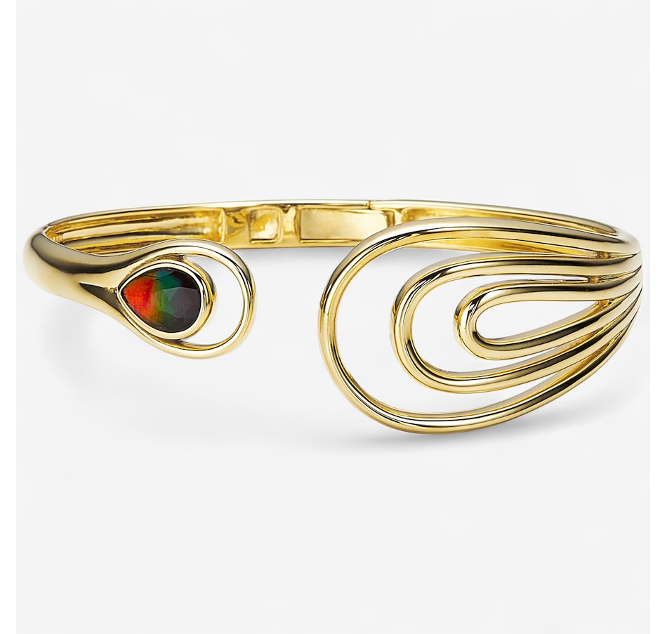 Canadian Ammolite Gems Sterling Silver Pear Ammolite Hinged Cuff Bangle