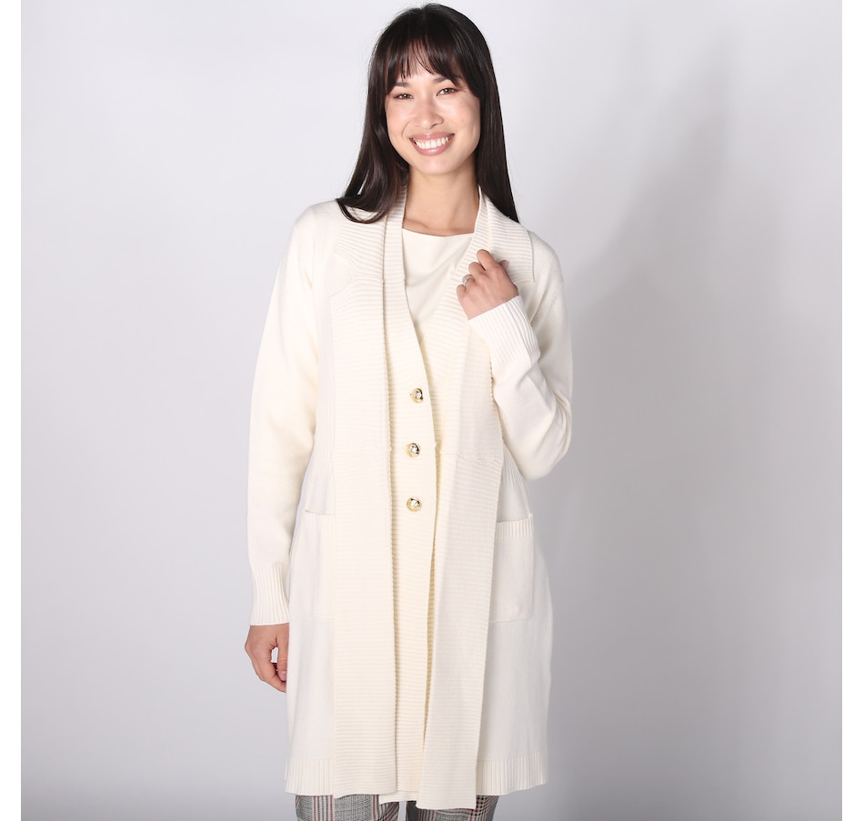 Image 242381_CRM.jpg, Product 242-381 / Price $29.33, Isaac Mizrahi Long Notch Collar Sweater Cardigan with Status Buttons from Isaac Mizrahi New York on TSC.ca's Fashion department