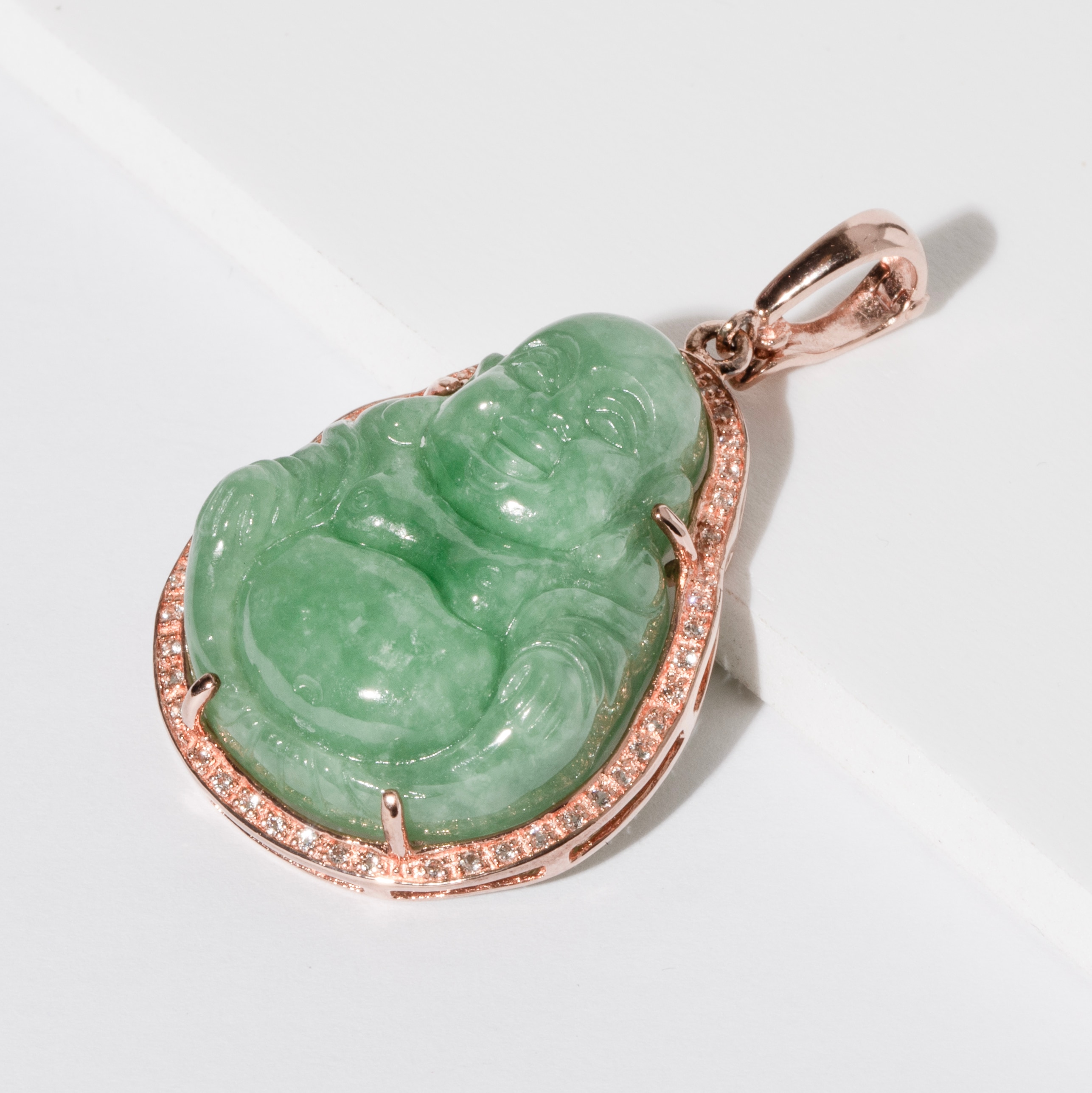 Roz Kwan Jewellery Sterling Silver 1.5 mic Rose Gold Plated Dyed Green Jade  Buddha Pendant