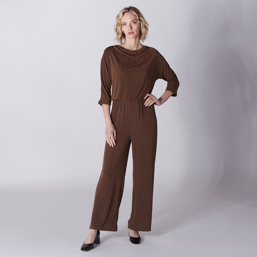 Image 242630_BRN.jpg, Product 242-630 / Price $29.33, Kim & Co. Poly Slinky 3/4 Sleeve Drape Neck Jumpsuit from Kim & Co. on TSC.ca's Fashion department