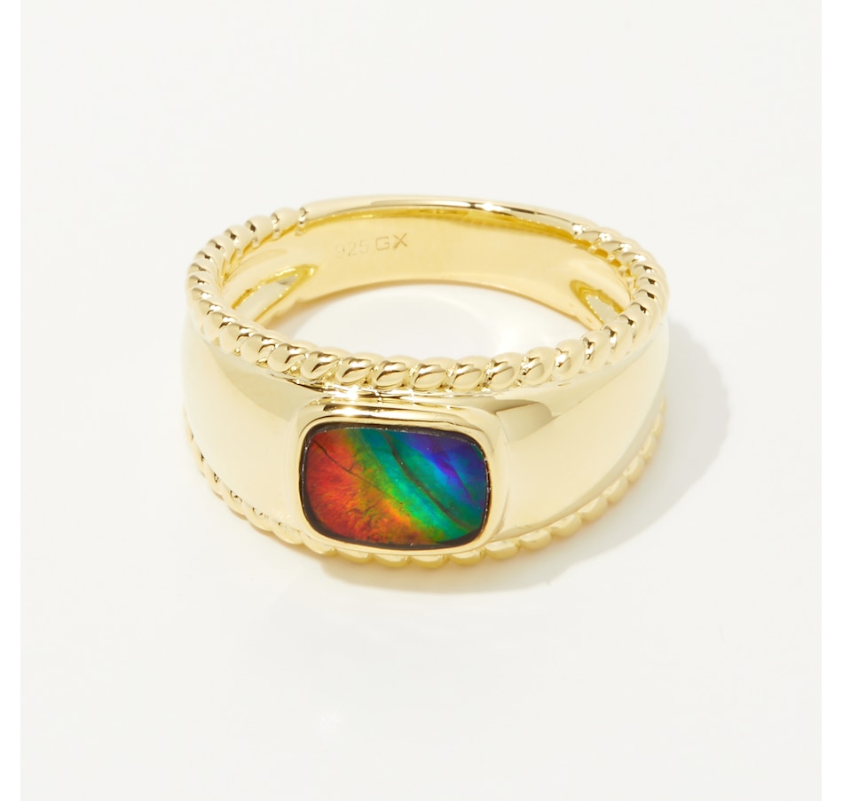 Image 242750_YGP.jpg, Product 242-750 / Price $249.88, Canadian Ammolite Gems Sterling Silver 8mm x 6mm Cushion Cut Ammolite Rope Band Ring from Canadian Ammolite Gems on TSC.ca's Jewellery department