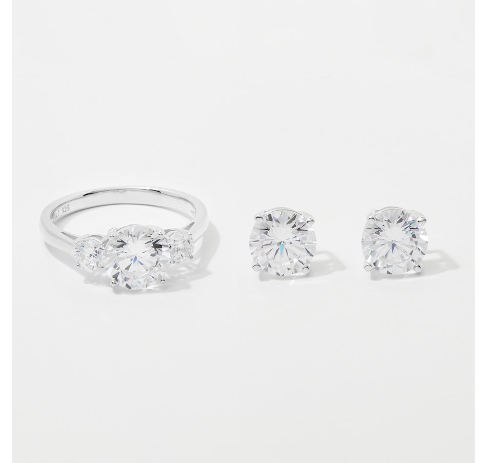 Diamonelle Sterling Silver 3-Stone Ring and Stud Earrings Set