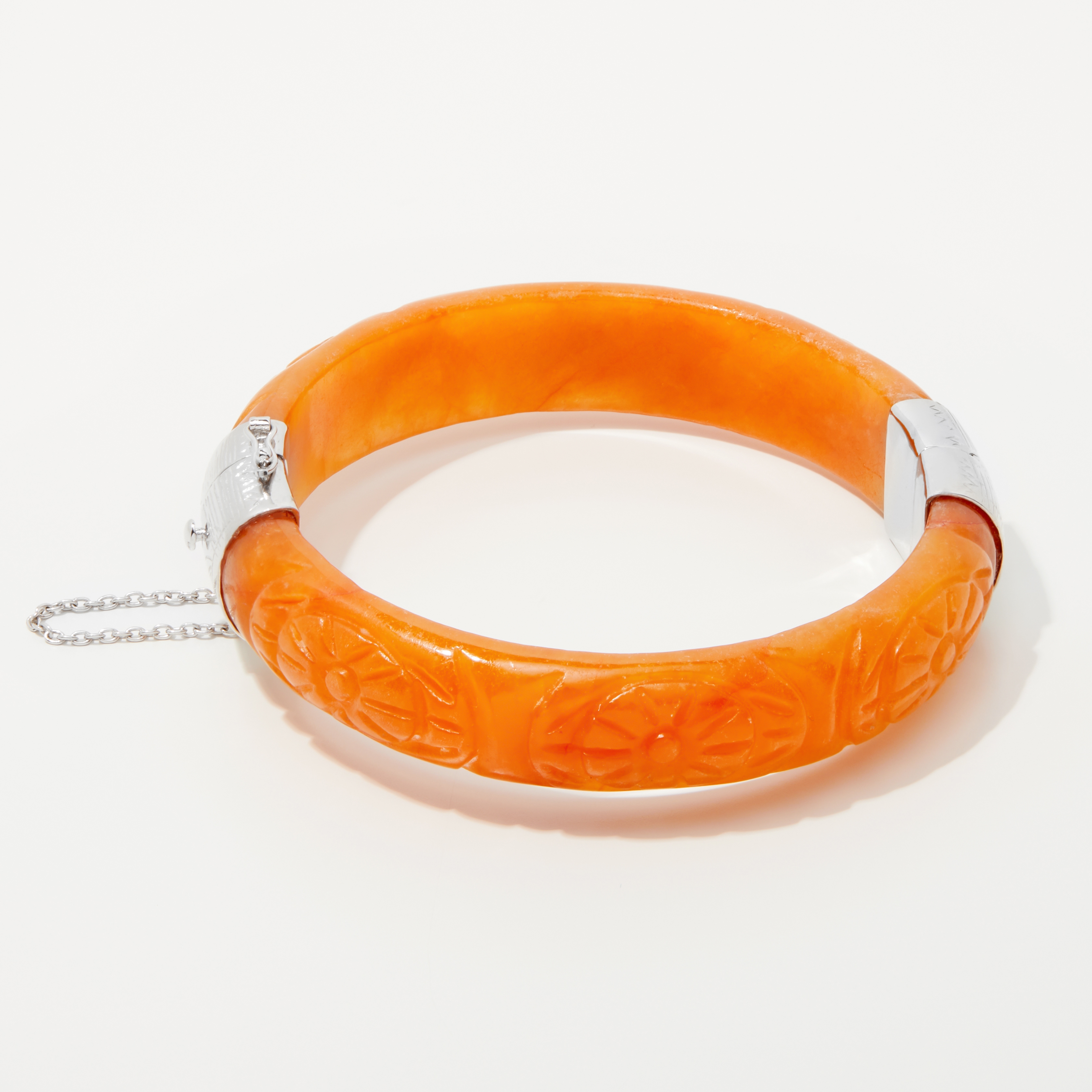 Roz Kwan Sterling Silver Carved Flower Ginger Jade Bangle - TSC.ca