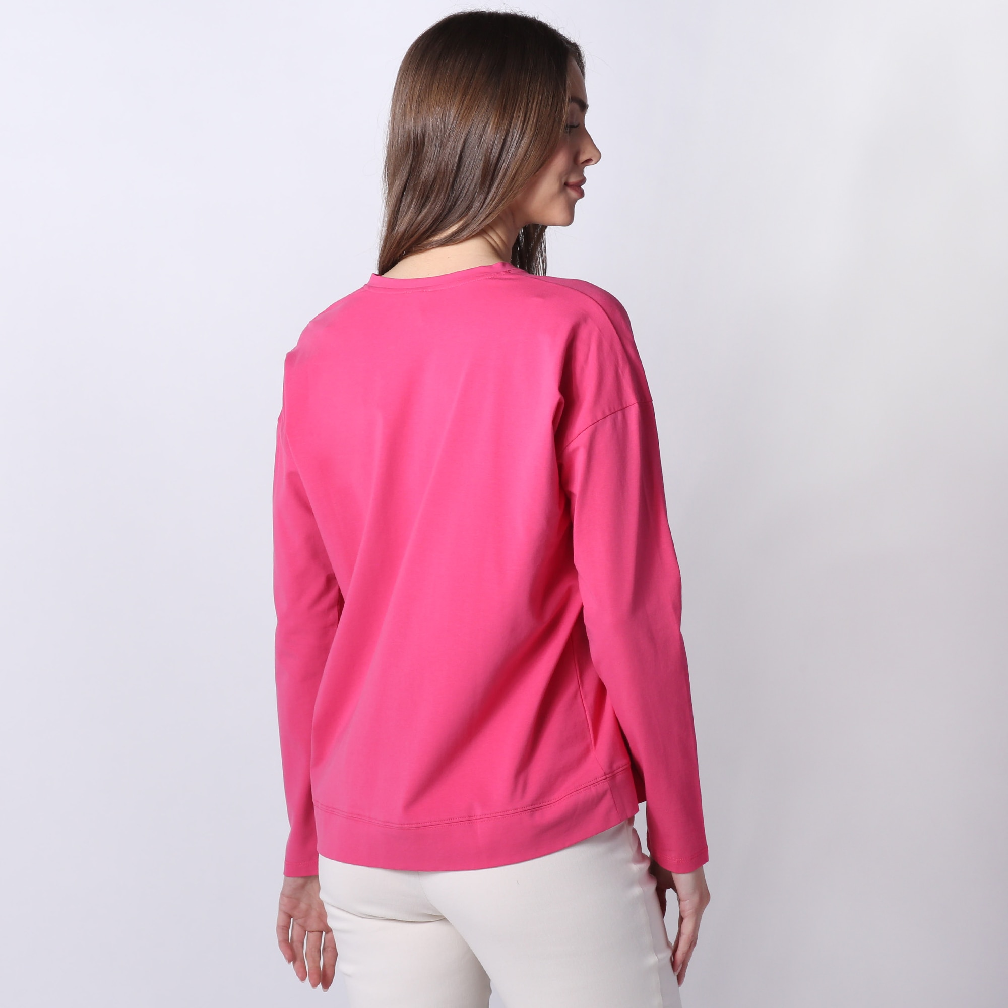 Wynne Style V-Neck Boxy Long Sleeve Tee Cotton Span Top