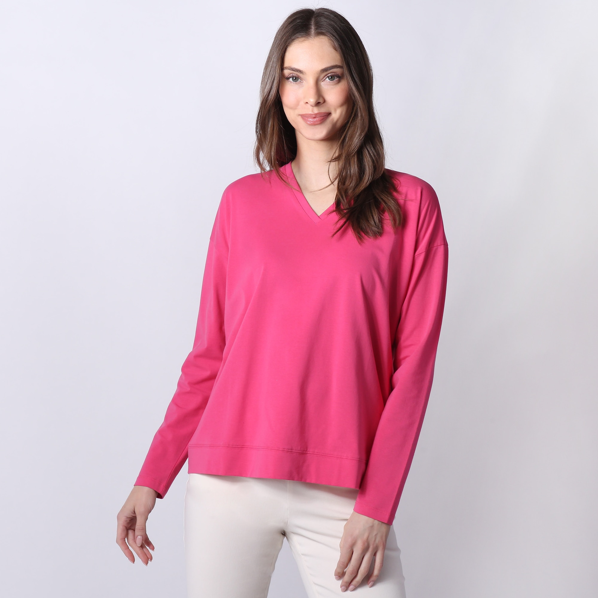 Wynne Style V-Neck Boxy Long Sleeve Tee Cotton Span Top