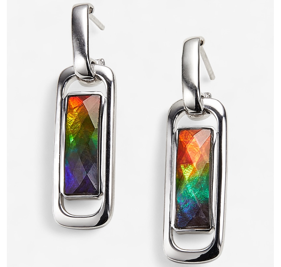 Canadian Ammolite Gems Sterling Silver Rhodium Plate Rectangle Ammolite Paperclip Earrings