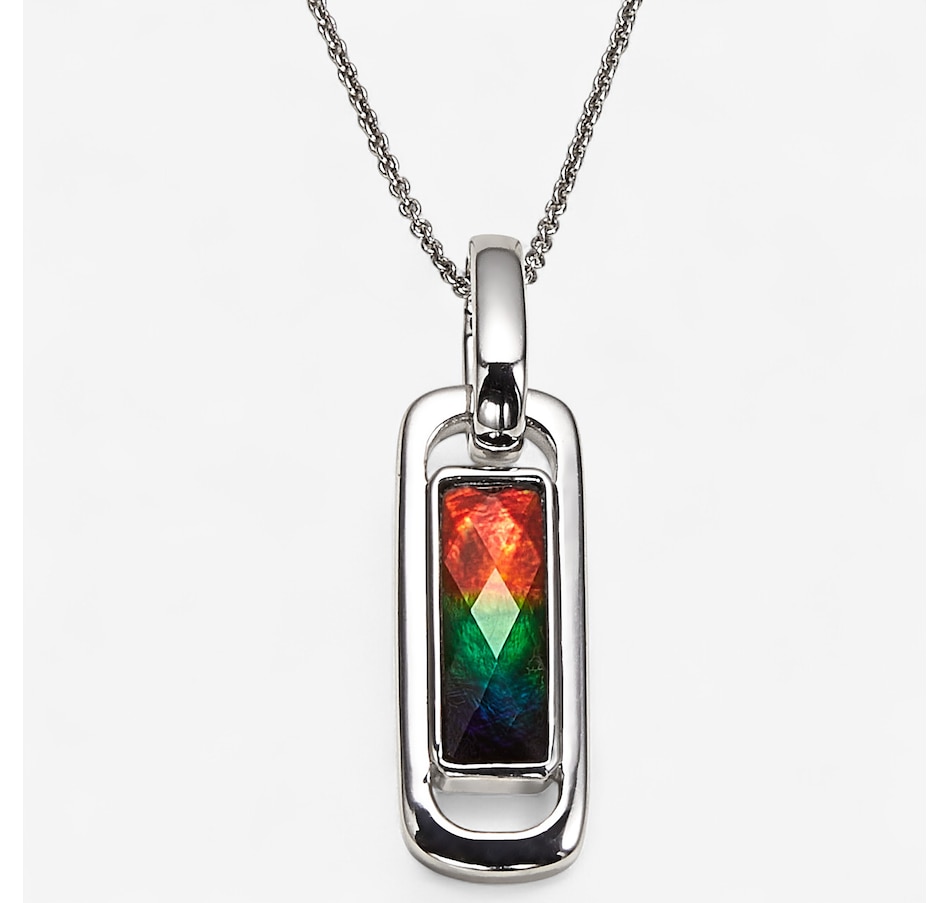 Canadian Ammolite Gems Sterling Silver Rhodium Plate Rectangle Ammolite Paperclip Pendant