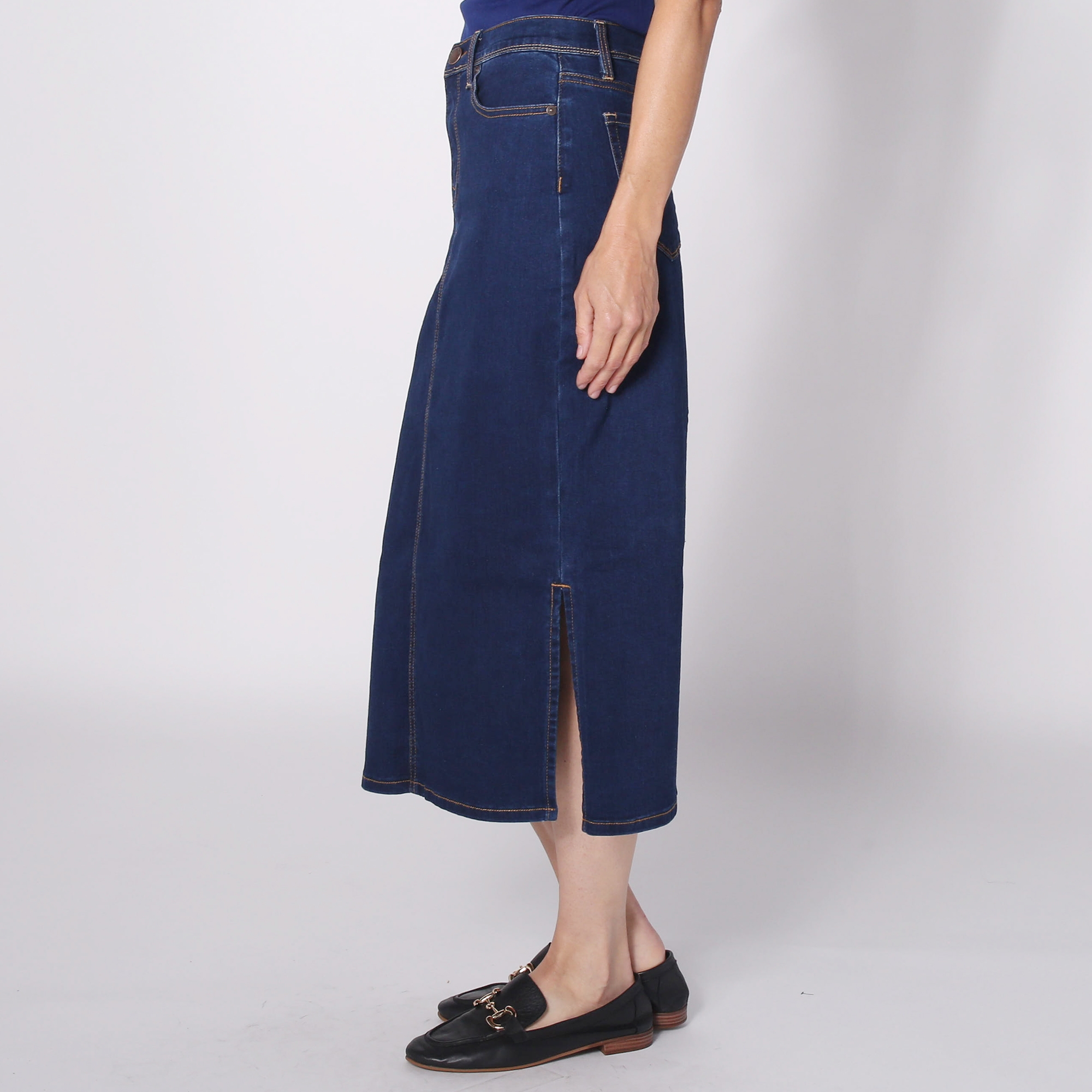 Diane Gilman Printed Brushed Midi Denim Skirt with Side Slit - TSC.ca