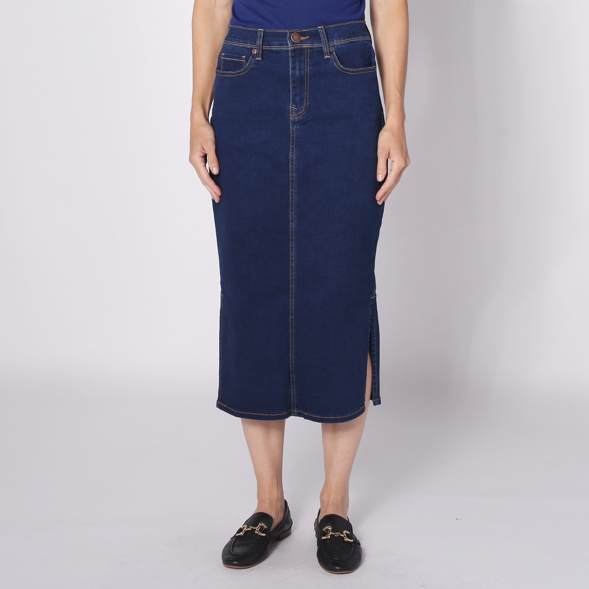 Diane Gilman Printed Brushed Midi Denim Skirt with Side Slit - TSC.ca