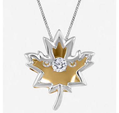 Canadian Ice Sterling Silver/10K Yellow Gold Dancing Diamond Maple Leaf Pendant with Chain