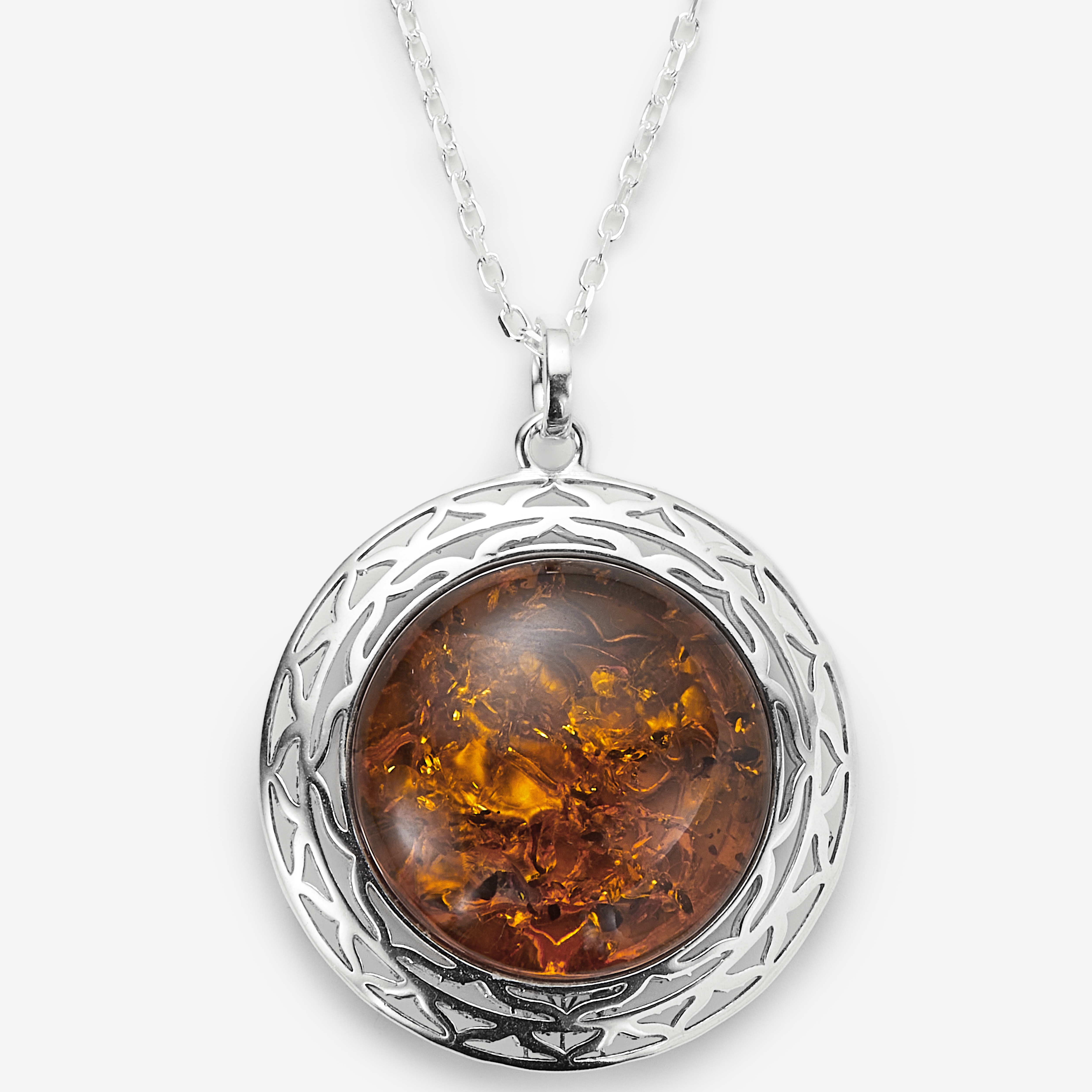 Amber Extraordinaire Sterling Silver Round Cabochon Amber Pendant