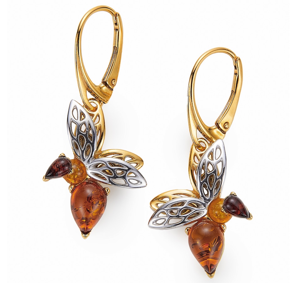 Image 244927.jpg, Product 244-927 / Price $119.99, Amber Extraordinaire Sterling Silver 22K Yellow Gold Plate Amber Bee Leverback Earrings from Amber Extraordinaire on TSC.ca's Jewellery department