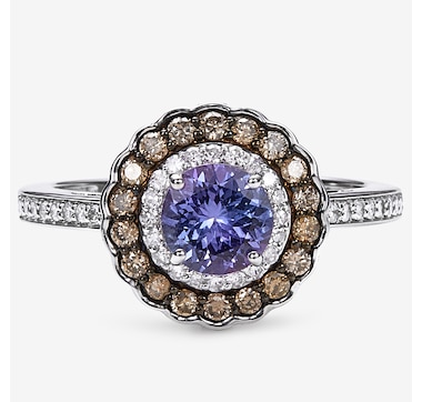  14K White Gold 1.32ctw Tanzanite, White &amp; Champagne Diamonds Ring