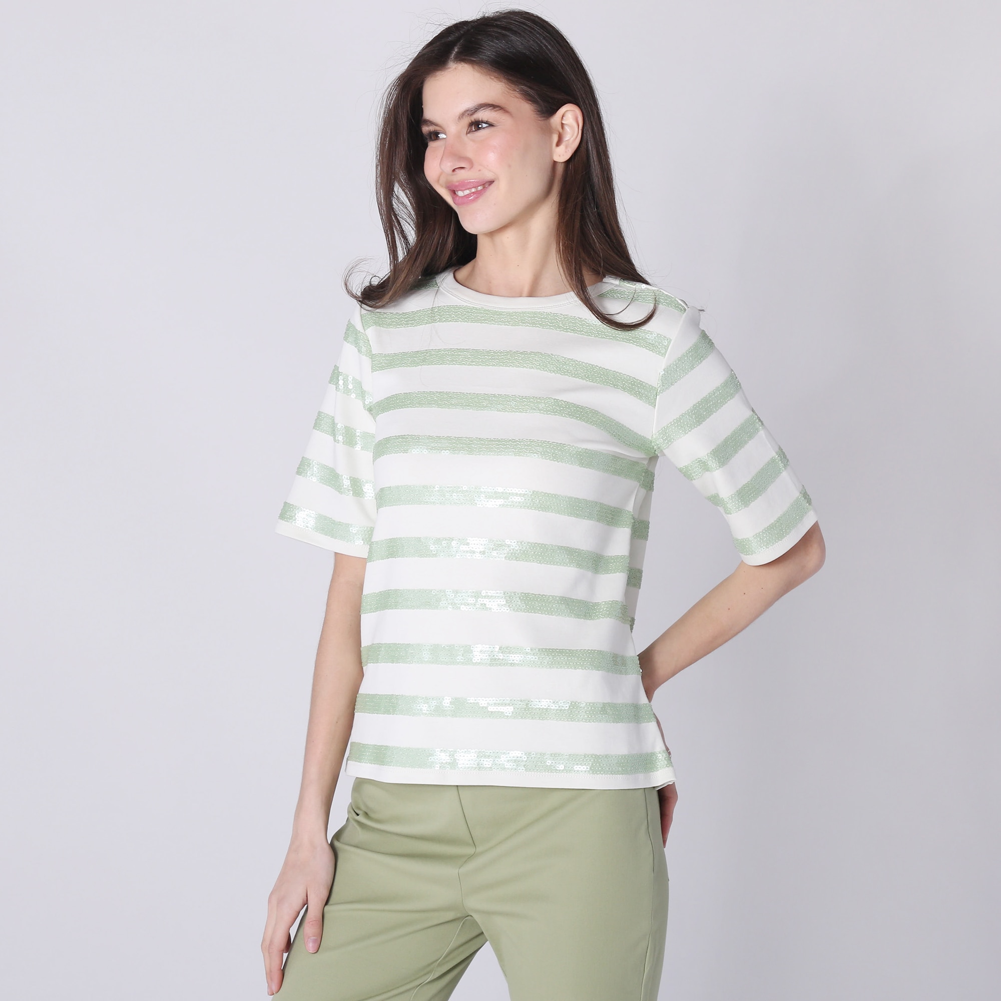 Isaac Mizrahi Sequin Stripe Elbow Sleeve Jersey Tee