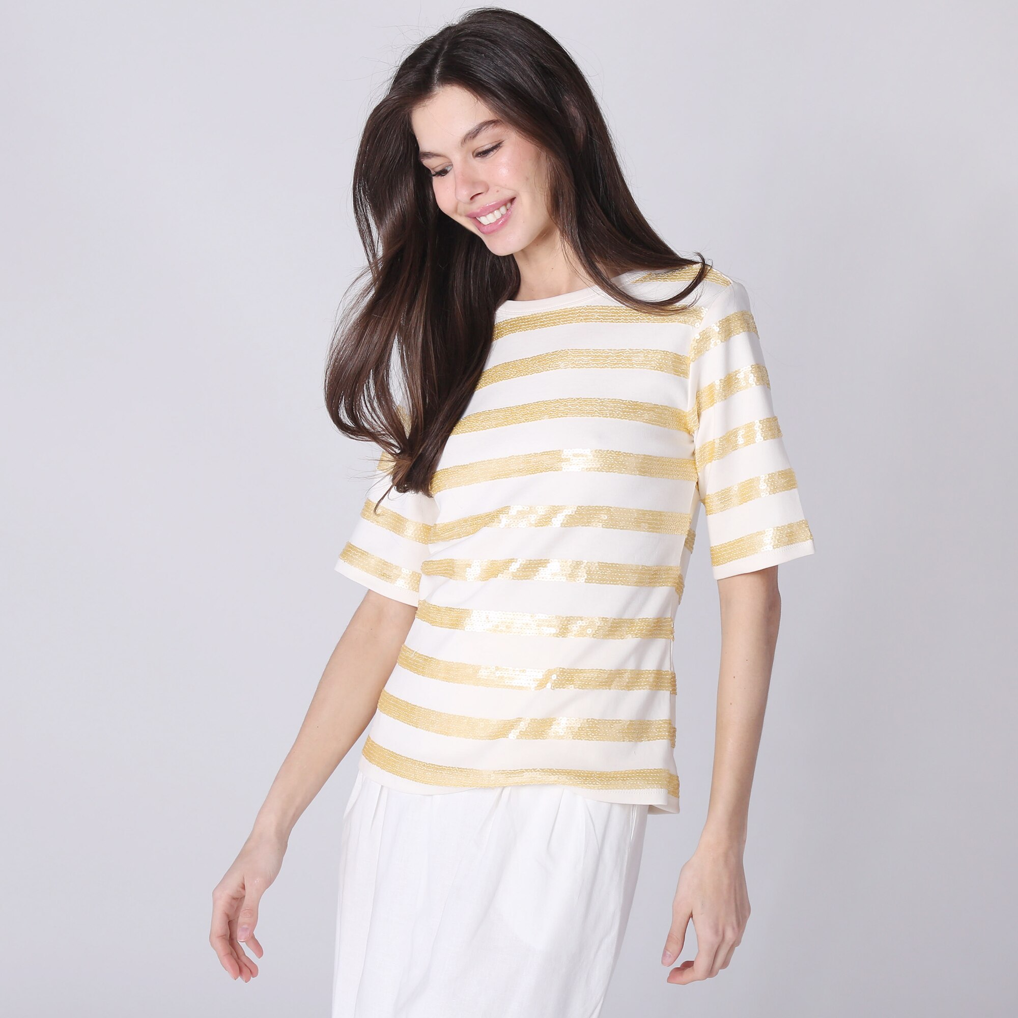 tiiです。 Isaac Mizrahi Sequin Stripe Elbow Sleeve Jersey Tee - TSC.ca