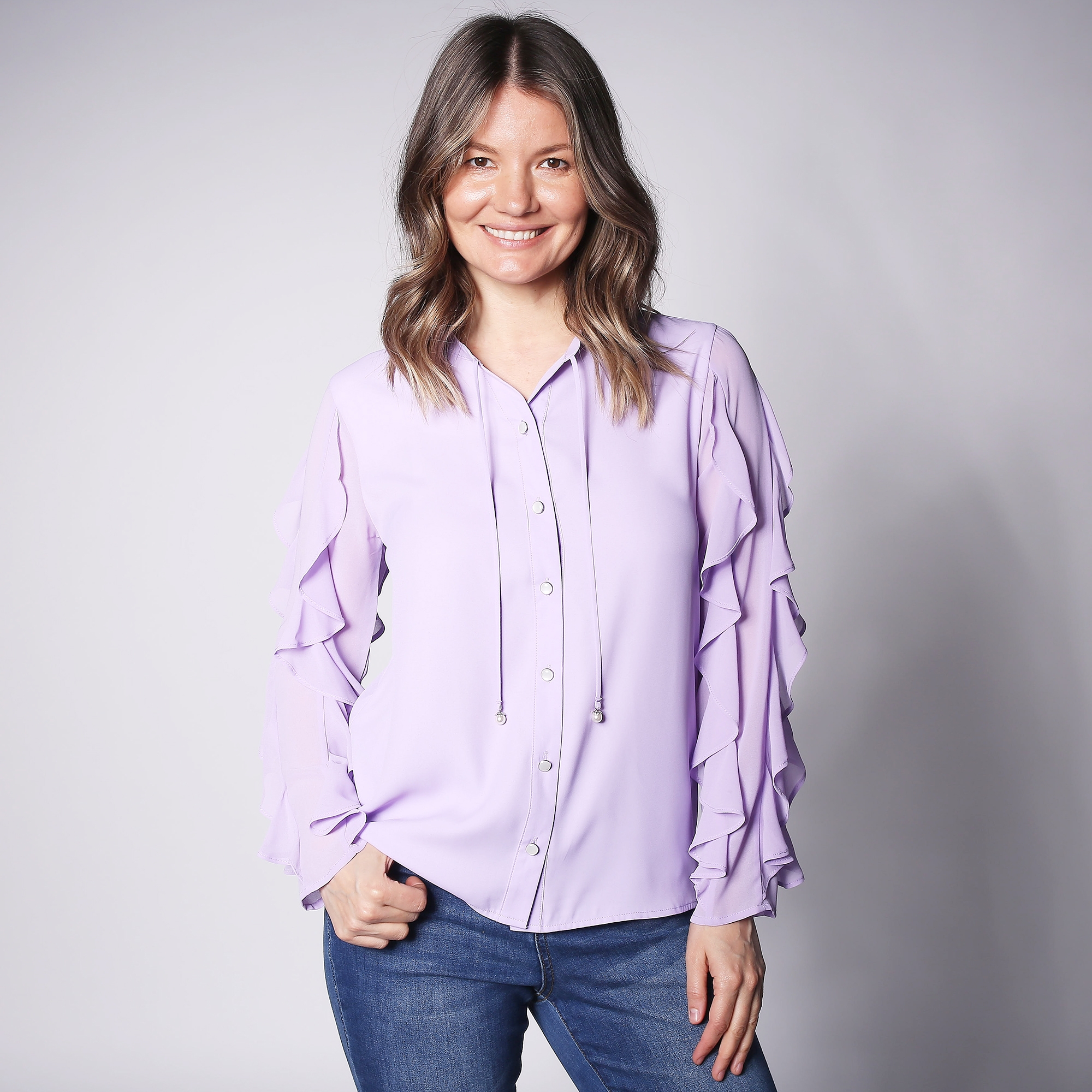purple ruffle blouse