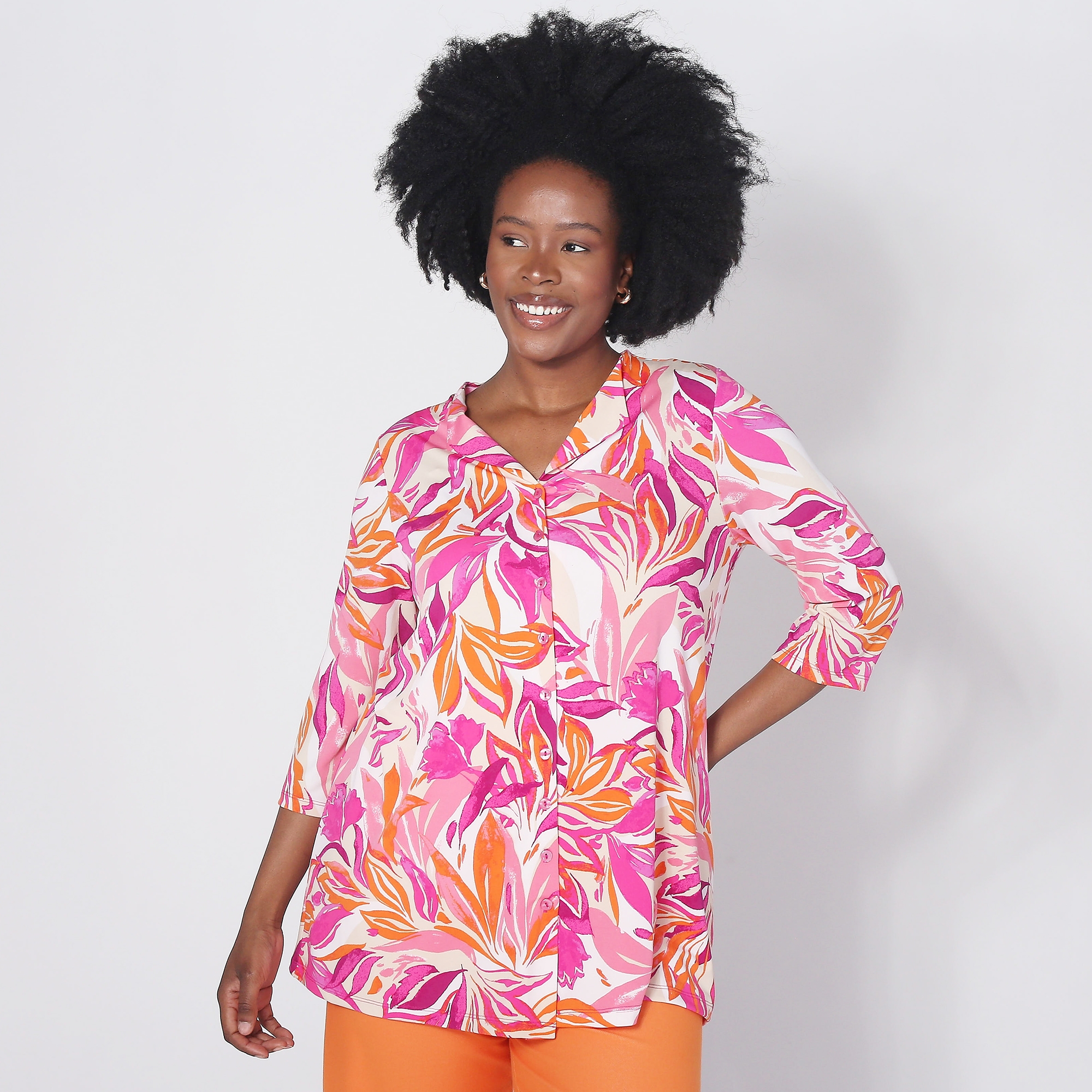 Kim & Co. Printed Brazil Knit 3/4 Sleeve Button Front Long Swing