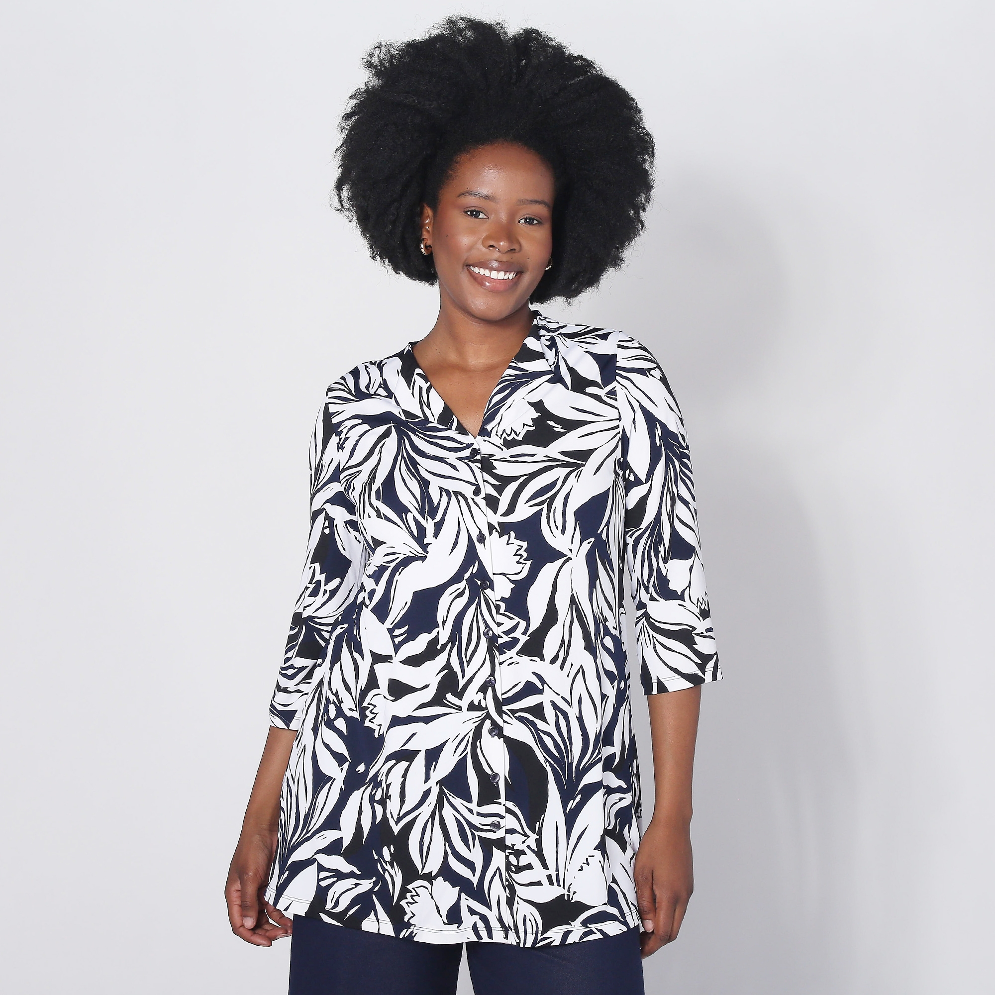 Kim & Co. Printed Brazil Knit 3/4 Sleeve Button Front Long Swing