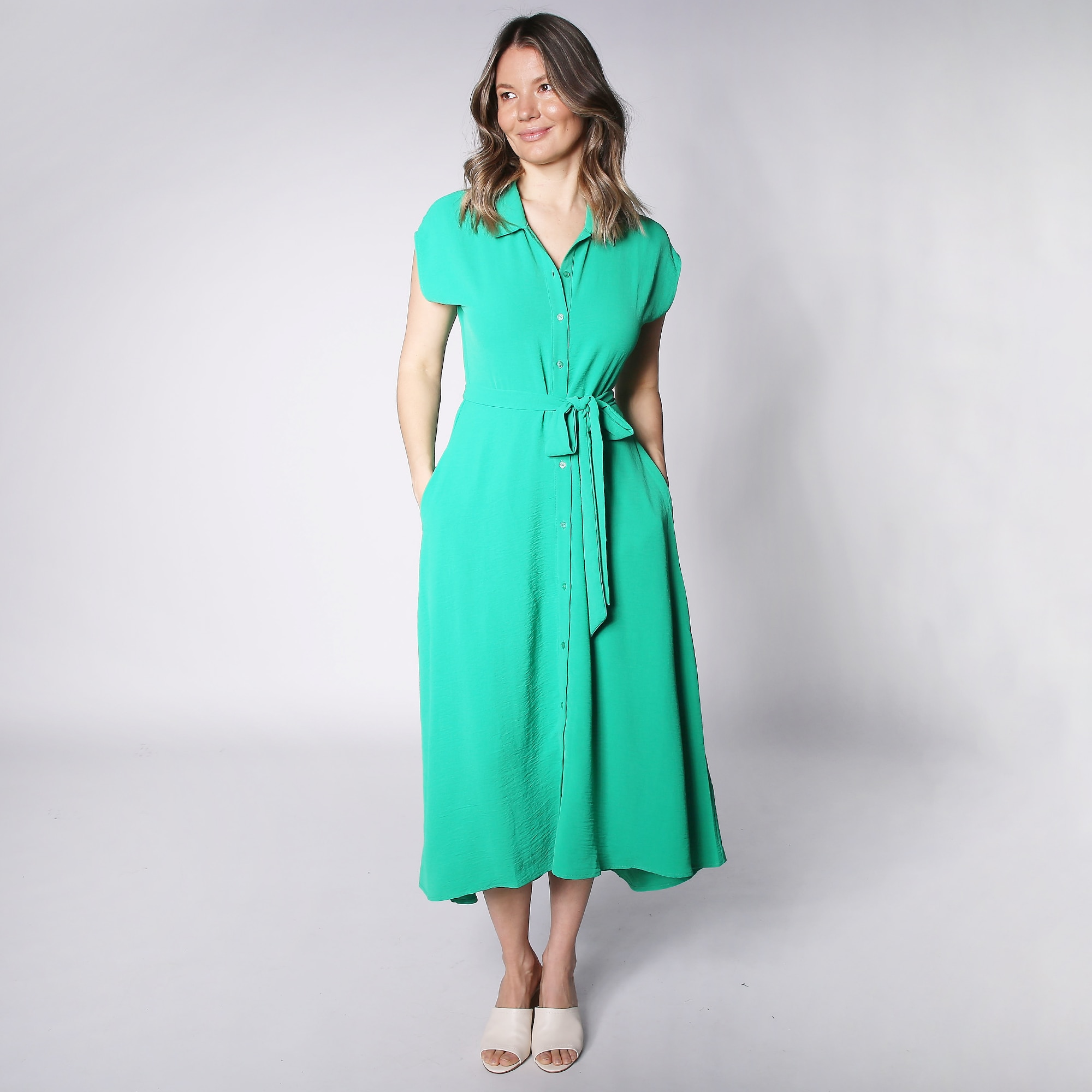 Nina Leonard Collared Button Front Textured Dress With Pockets