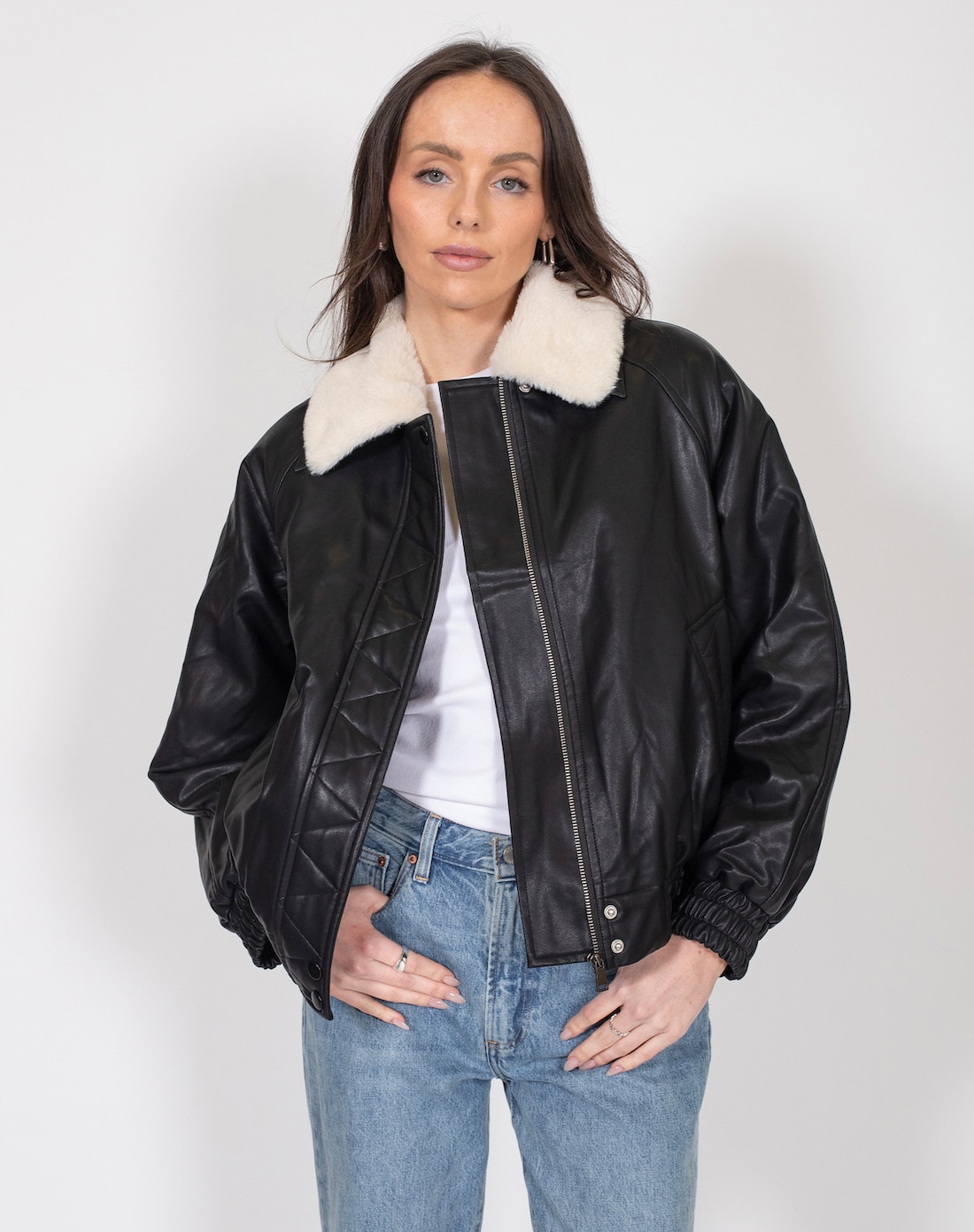 Brunette The Label Amelia Vegan Leather Bomber With Faux Sherling