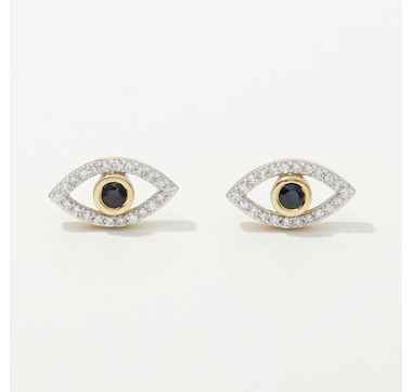10K Yellow Gold Diamond and Blue Sapphire Evil Eye Stud Earrings