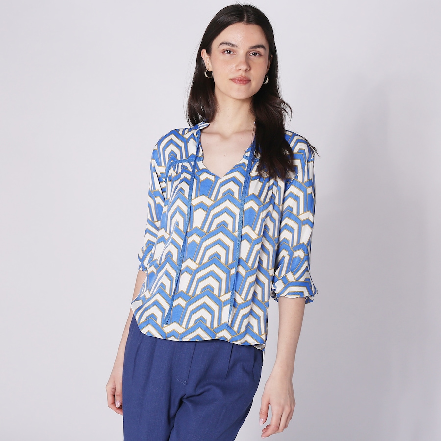 Image 248399_ROY.jpg, Product 248-399 / Price $49.33, Aggel Knitwear Satin Printed Blouse With Knitted Details from Aggel on TSC.ca's Fashion department