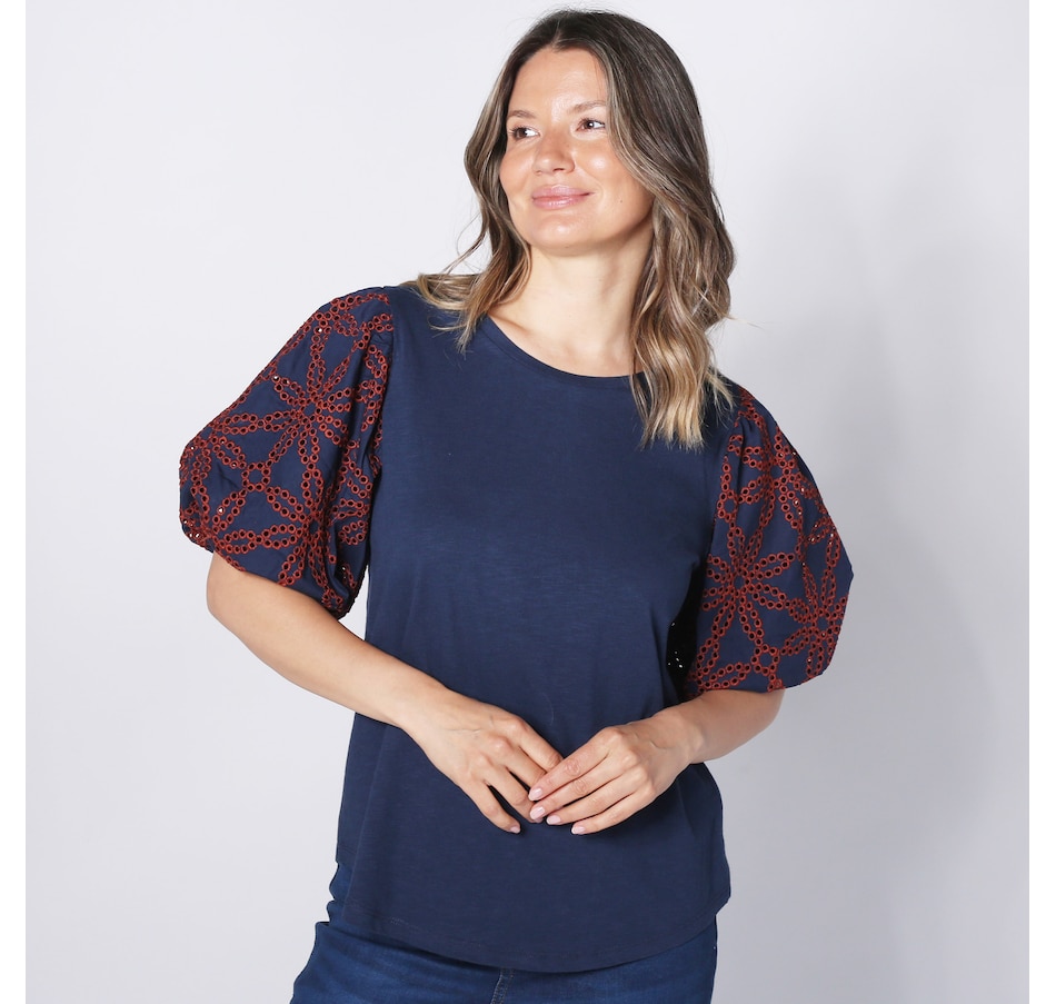 Image 248539_NVY.jpg, Product 248-539 / Price $34.33, Diane Gilman Cotton Embroidered Eyelet Puff Sleeve Jersey Tee from DG2 by Diane Gilman on TSC.ca's Fashion department