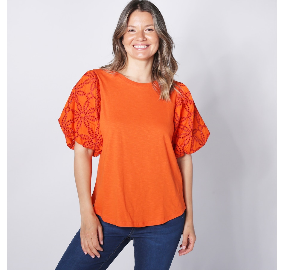 Image 248539_ORA.jpg, Product 248-539 / Price $34.33, Diane Gilman Cotton Embroidered Eyelet Puff Sleeve Jersey Tee from DG2 by Diane Gilman on TSC.ca's Fashion department