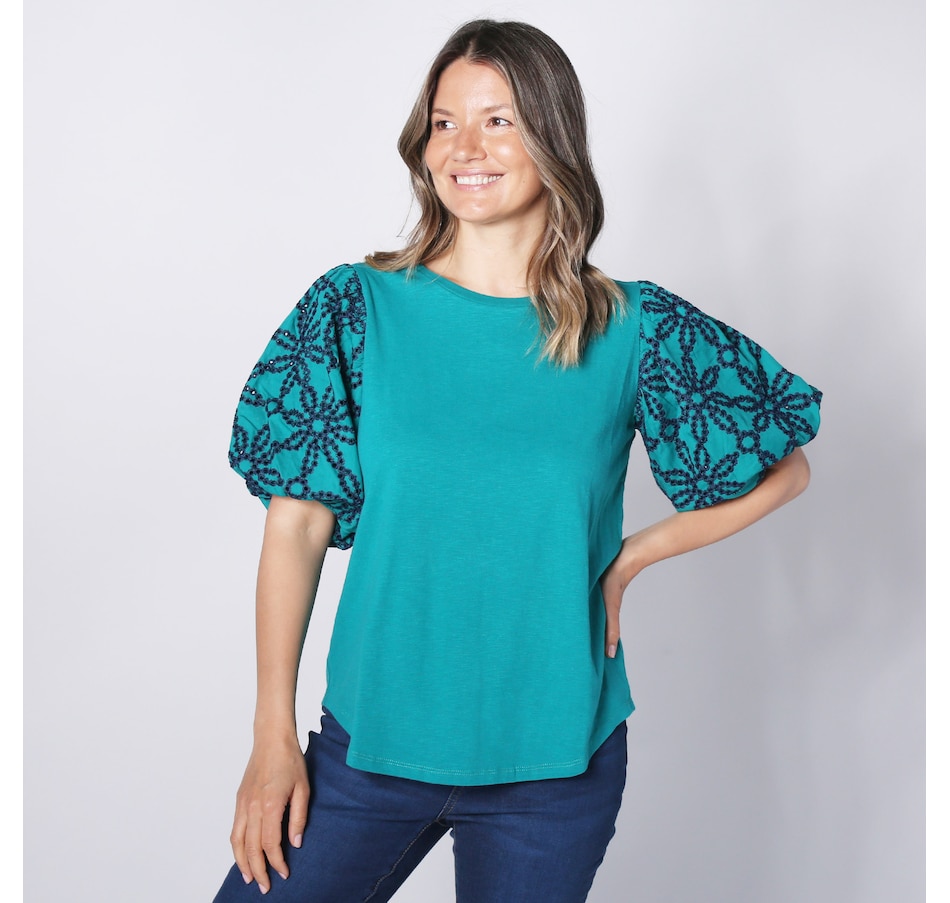 Image 248539_RFOR.jpg, Product 248-539 / Price $34.33, Diane Gilman Cotton Embroidered Eyelet Puff Sleeve Jersey Tee from DG2 by Diane Gilman on TSC.ca's Fashion department