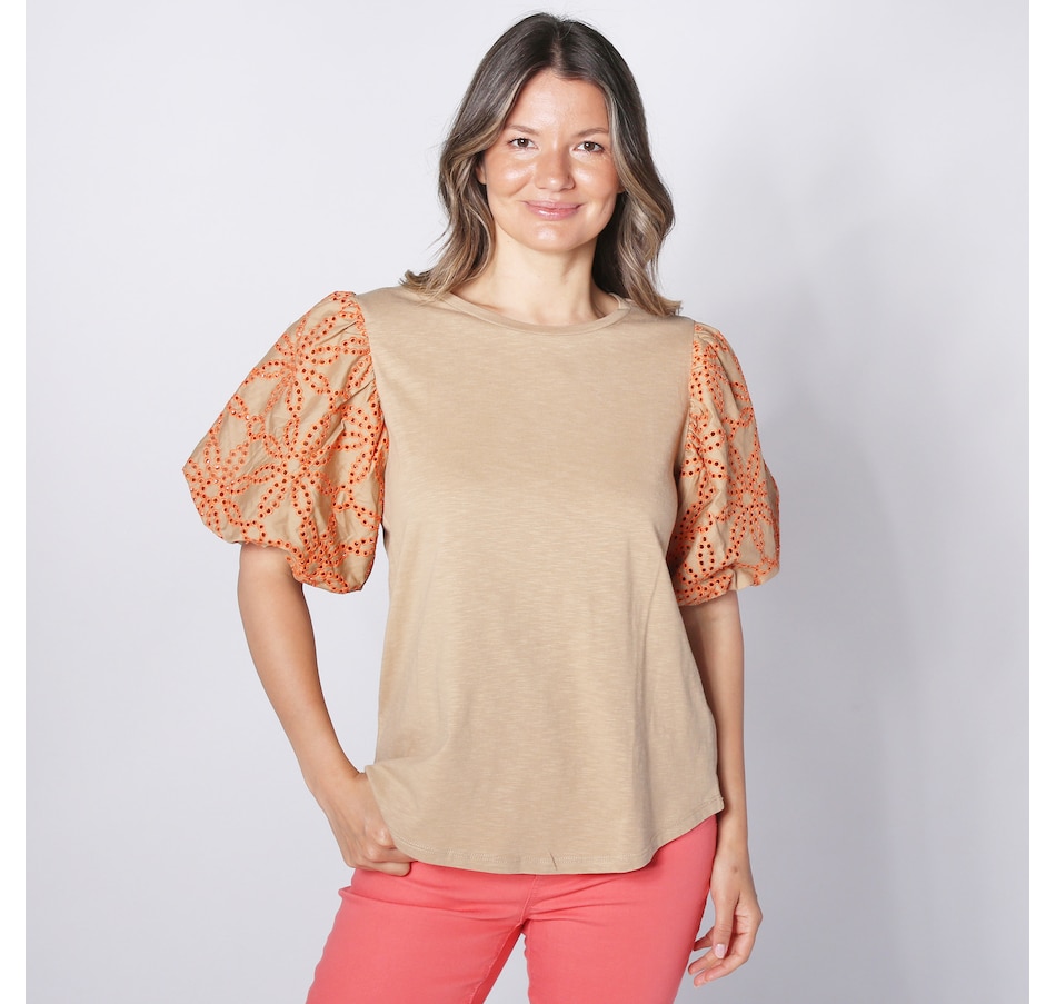 Image 248539_SAN.jpg, Product 248-539 / Price $34.33, Diane Gilman Cotton Embroidered Eyelet Puff Sleeve Jersey Tee from DG2 by Diane Gilman on TSC.ca's Fashion department