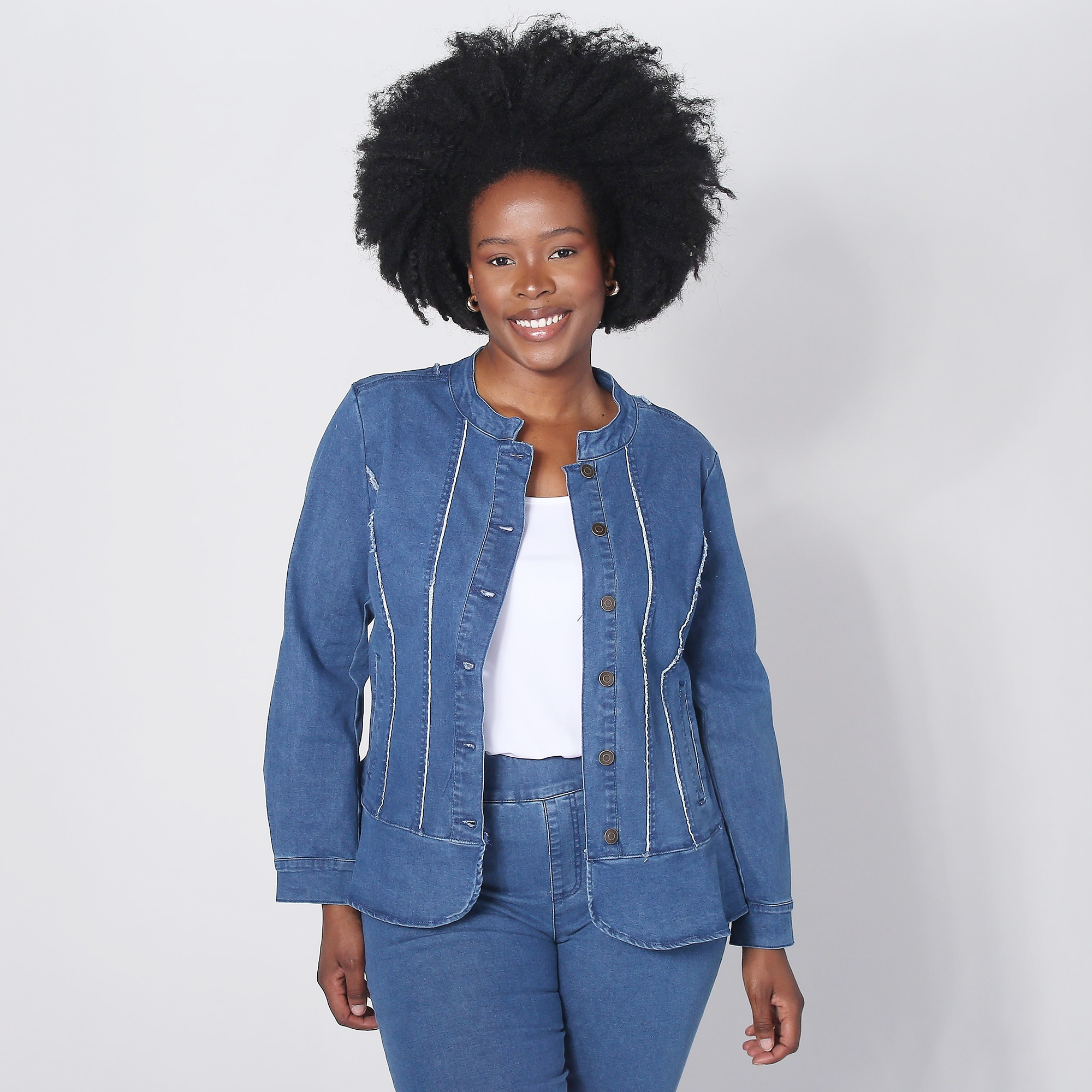 Nina Leonard Denim Flounce Hem Button Front Jacket - TSC.ca