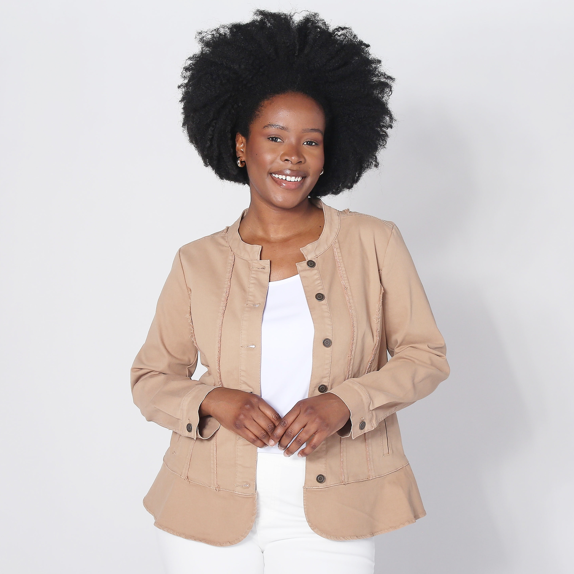 Nina Leonard Denim Flounce Hem Button Front Jacket - TSC.ca