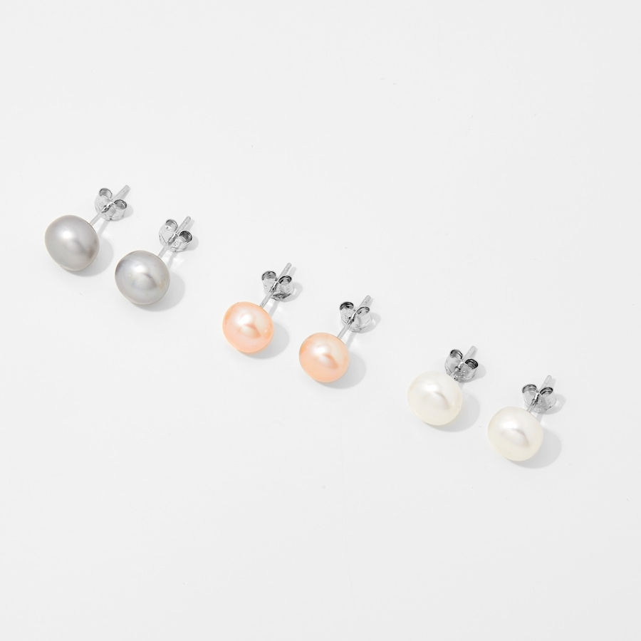 Image 249783_ALTMORE1.jpg, Product 249-783 / Price $89.99, Roz Kwan Sterling Silver White, Grey & Pink Button Freshwater Pearl Set of 3 Earrings from Roz Kwan Jewellery Collection on TSC.ca's Jewellery department