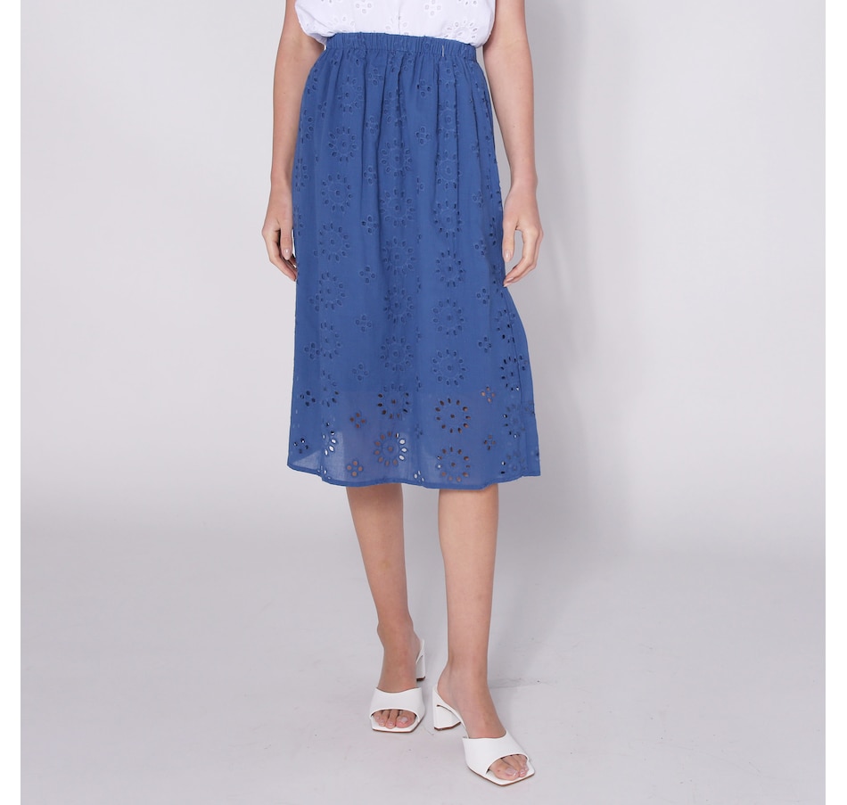 Image 252094_BLU.jpg, Product 252-094 / Price $29.33, Isaac Mizrahi Eyelet A-Line Midi Skirt from Isaac Mizrahi New York on TSC.ca's Fashion department