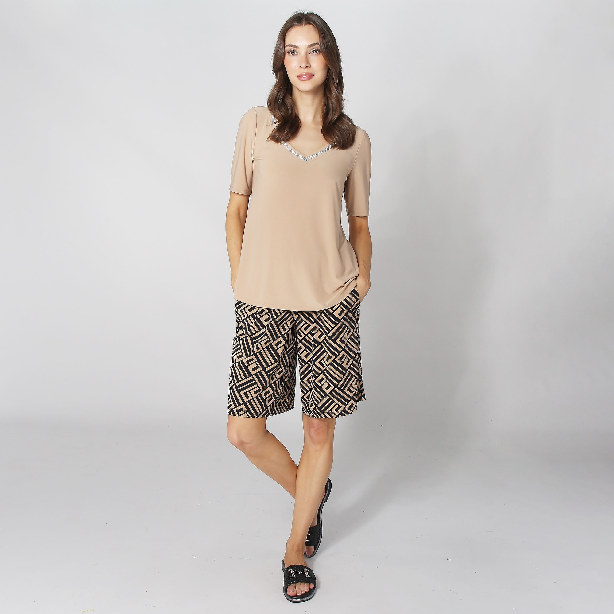 Nina Leonard V-Neck Elbow Sleeve Top with Bermuda Short (2