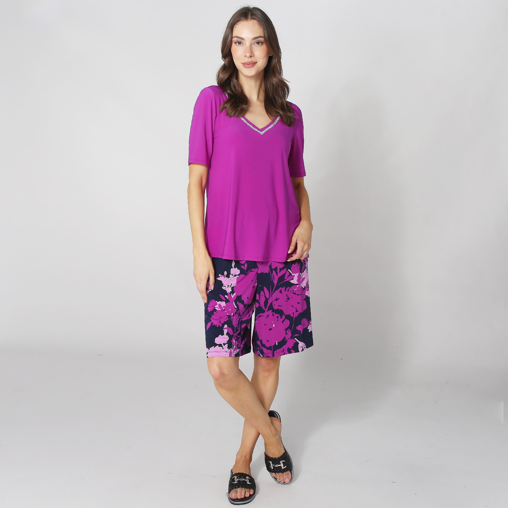LEONARD♡トップスsize40 Nina Leonard V-Neck Elbow Sleeve Top with Bermuda Short (2