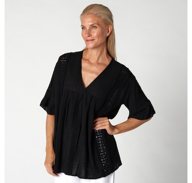 M Made In Italy Woven V-Neck Tunic With Crochet Details