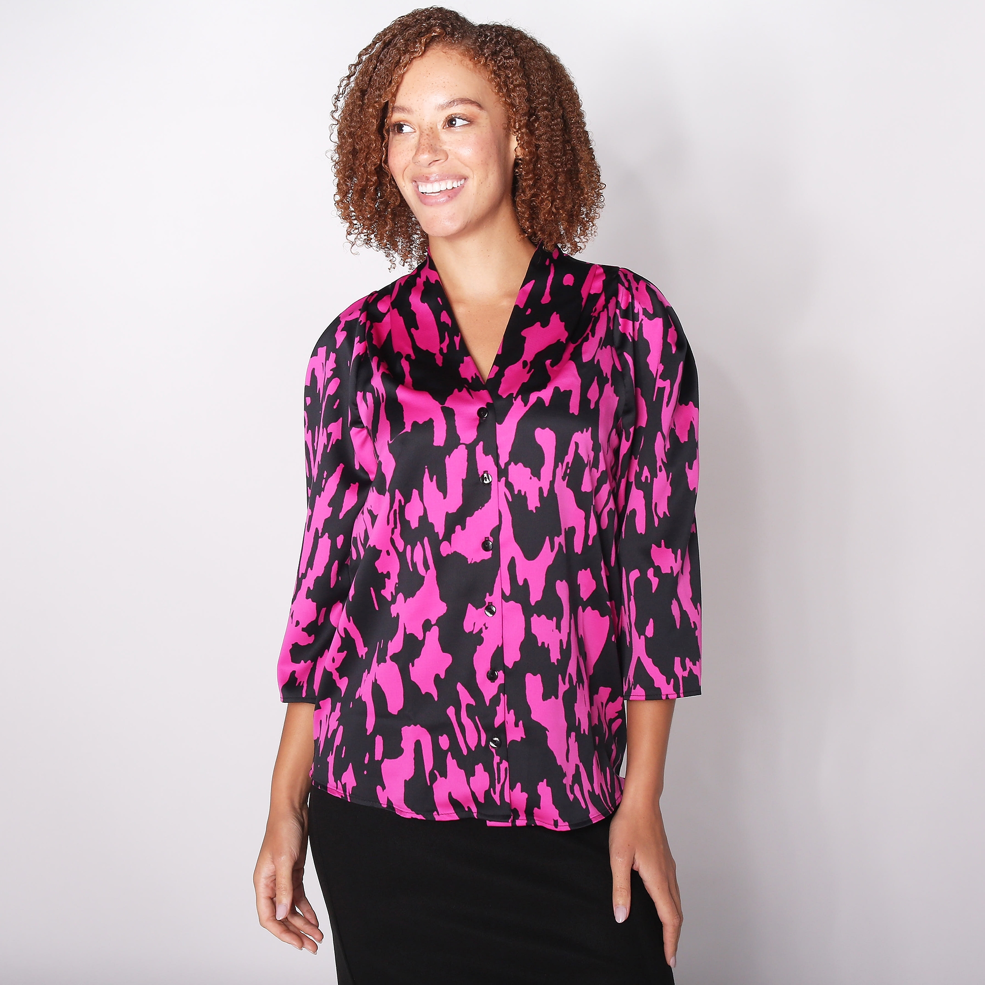Kim & Co. Printed Textured Satin Long Sleeve Blouse - TSC.ca