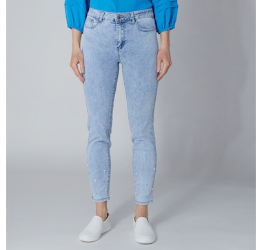 Denim Slim Leg Pant With Pearl Detail