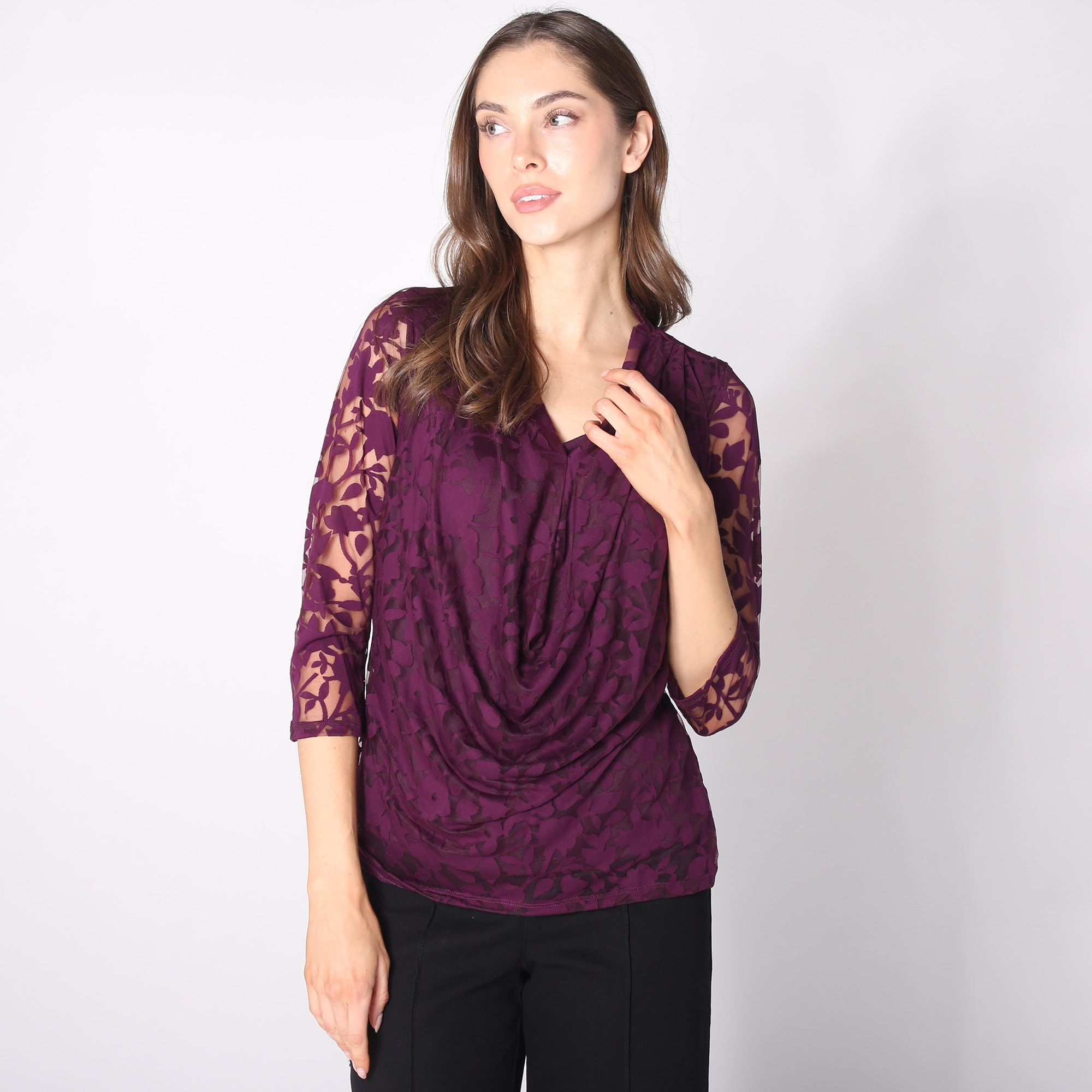 Nina Leonard Draped Neck 3/4 Length Sleeve Burnout Knit Top