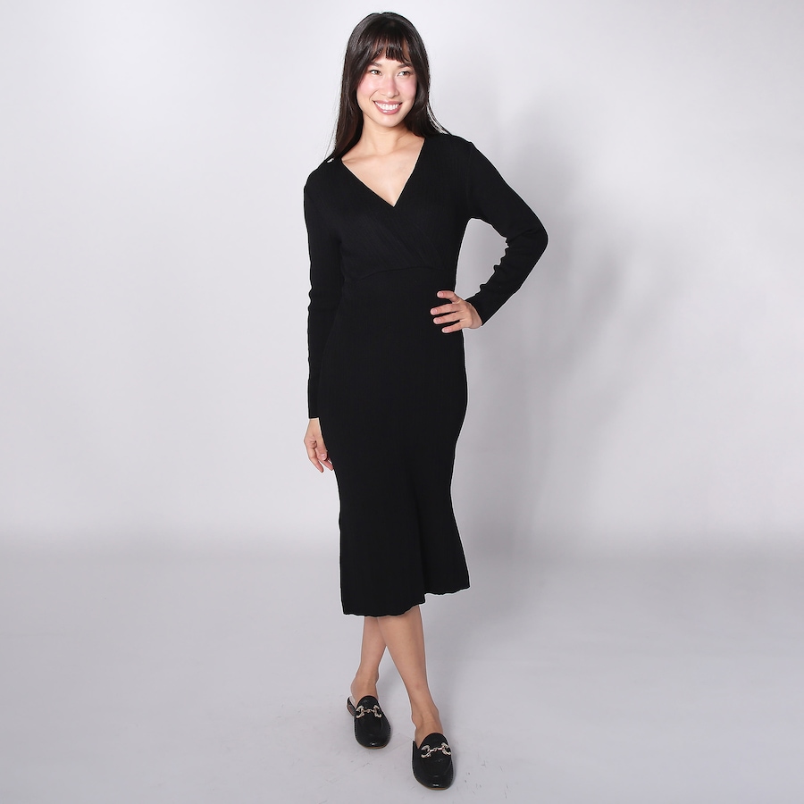 Image 253938_BLK.jpg, Product 253-938 / Price $24.33, Nina Leonard Long Sleeve V-Neck Twist Front Knit Sweater Dress with Side Slits from Nina Leonard on TSC.ca's Fashion department