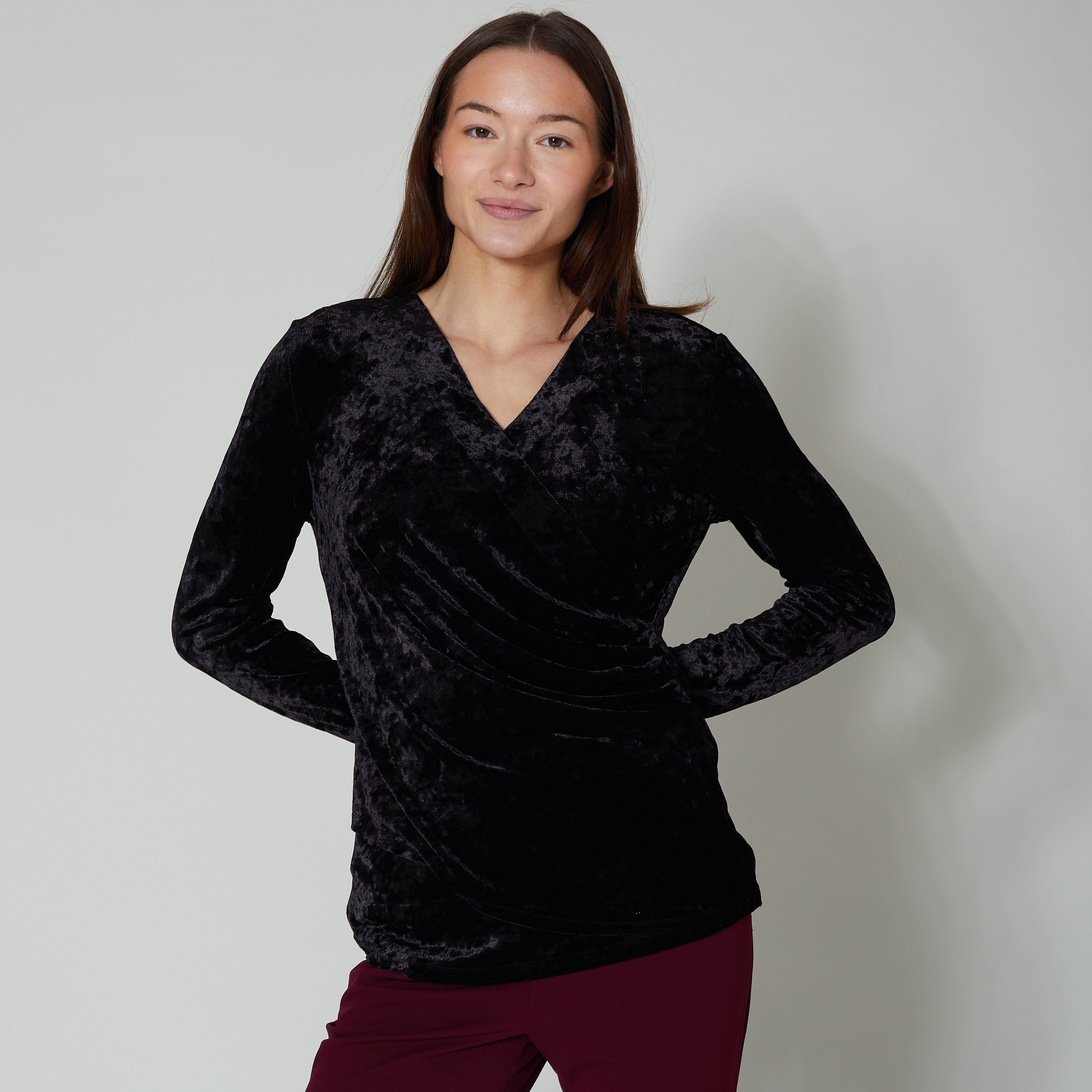 Nina Leonard V-Neck Wrap Front Crushed Velvet Top - TSC.ca