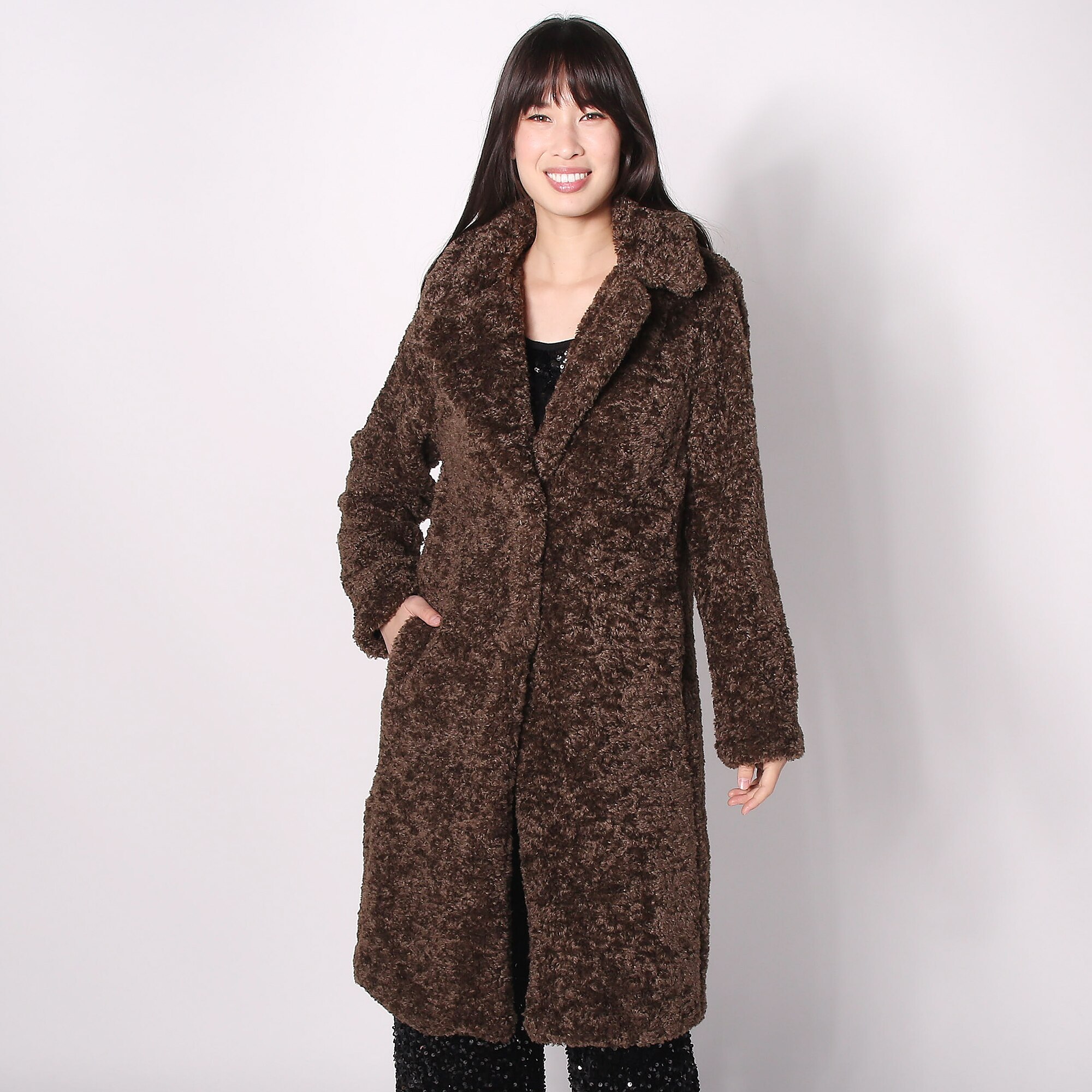 Nina Leonard Long Collared Fur Jacket with Pearl Button