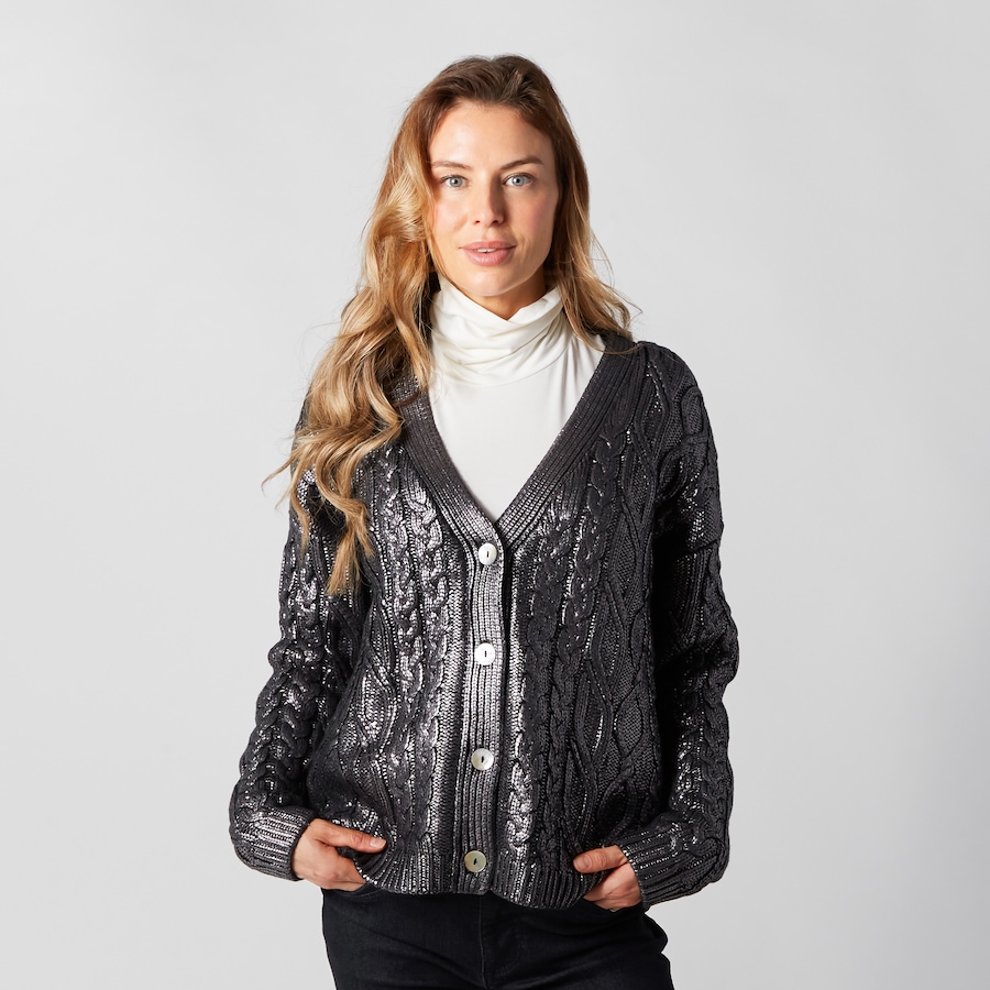 Image 260374_SIL.jpg, Product 260-374 / Price $74.33, Wynne Style Foil Print Sweater Cardigan from Wynnelayers on TSC.ca's Fashion department