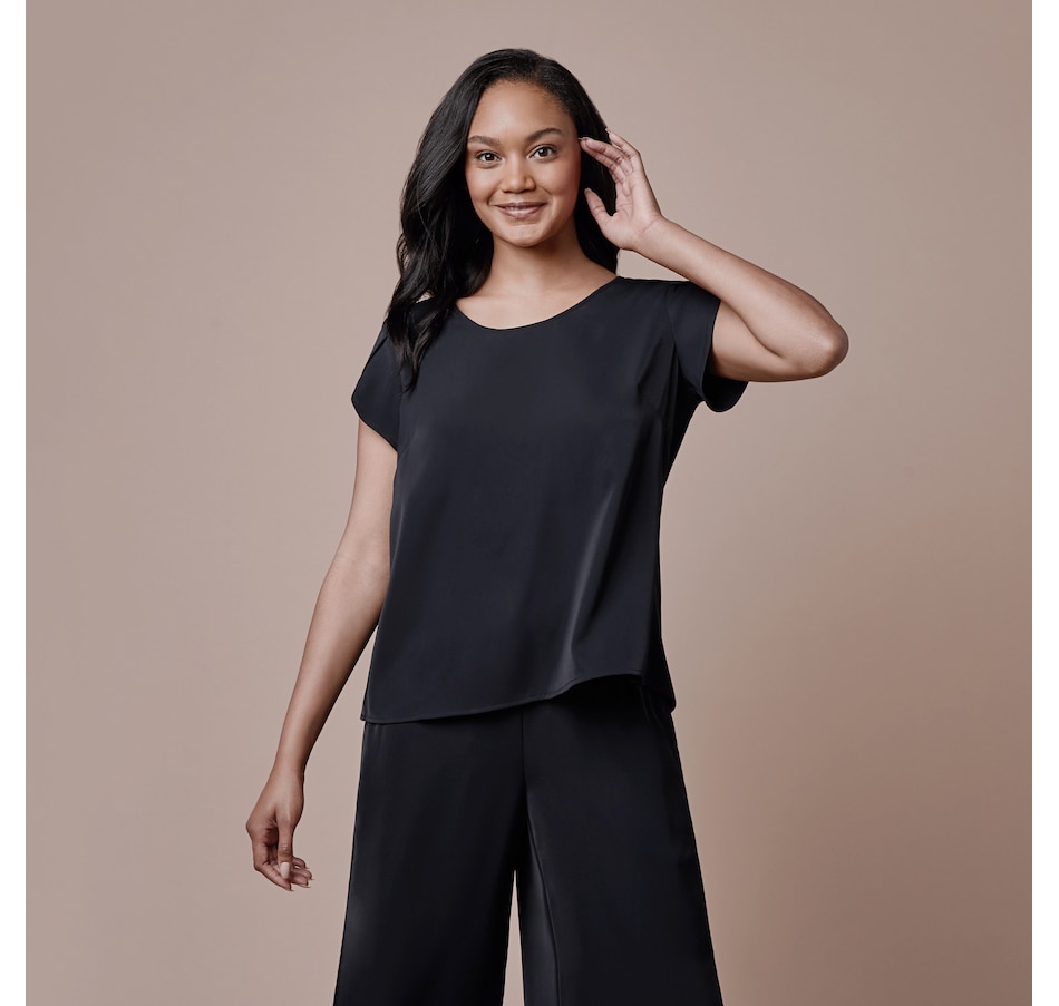 Image 371476_BLK.jpg, Product 371-476 / Price $49.33, Elizabeth & Clarke Vegan Silk Overlap Tulip Back Top from Elizabeth & Clarke on TSC.ca's Fashion department