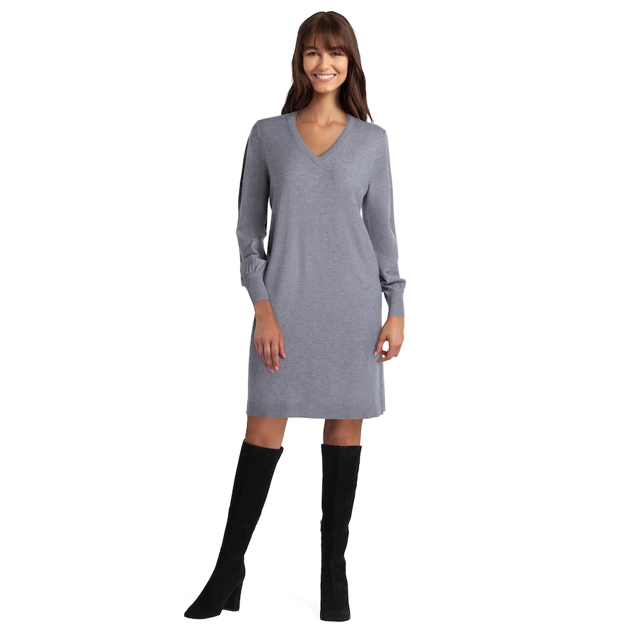 Image 371991_HGY.jpg, Product 371-991 / Price $24.33, Isaac Mizrahi New York Luxe Knit V-Neck Sweater Dress from Isaac Mizrahi New York on TSC.ca's Fashion department